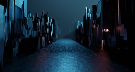 Sci-fi dark landscape metal block fantastic street house. Surreal alien city concept. 3D rendering