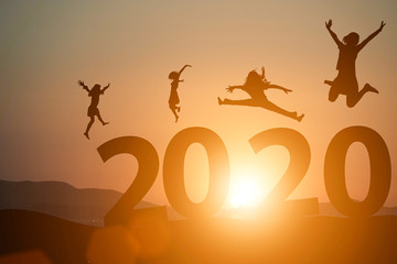Silhouette people jump on year 2020. Starting of new year concept.