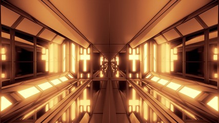 clean futuristic scifi fantasy space hangar tunnel corridor with holy christian glowing cross and glass bottom 3d illustration wallpaper background