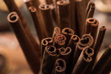 close up view of aromatic fresh cinnamon sticks