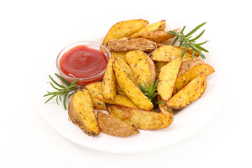 fried potato with tomato sauce, ketchup isolated on white background
