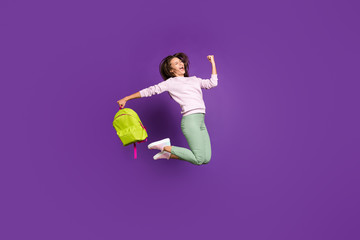 Full length body size view of nice attractive lovely satisfied cheerful girl jumping celebrating...
