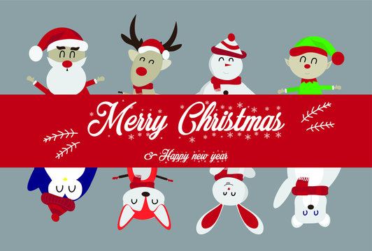 Merry Christmas and Happy New Year.Many cute cartoon characters, such as Santa Claus, reindeer, elves, bears, step, world, fox, penguin, rabbit, with a red label - vector.