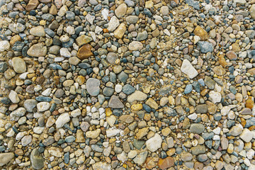 Smooth colored stones of different shapes on the lake shore