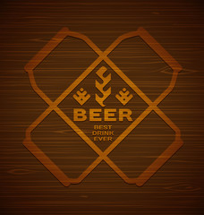 Vector template with beer cans with hops and malt on a wooden background. Best drink ever. - 300378442