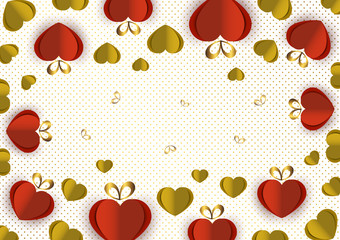 Bright paper hearts and bows on a background of gradient dots, love, celebration, Valentine's Day.