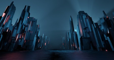 Bloc de métal de paysage sombre de science-fiction fantastique lumière de maison de rue par lueur de néon bleu. Concept de ville extraterrestre surréaliste. rendu 3D
