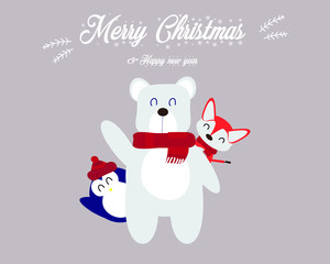 Merry Christmas and Happy New Year, many cute cartoon characters such as polar bears, foxes, penguins, banners, cards, illustrations - vector