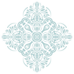 Oriental vector light blue and white pattern with arabesques and floral elements. Traditional classic light ornament. Vintage pattern with arabesques