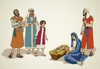 The shepherds came to bow to the newborn baby Jesus. Vector drawing