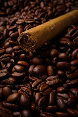 Closeup of cigar and coffee beans