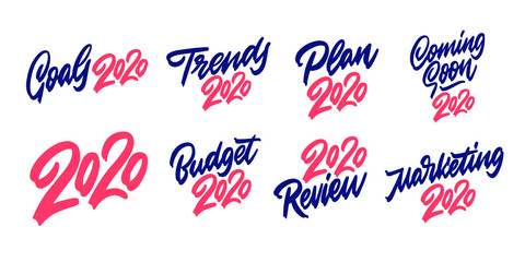 2020 goals, marketing, budget, plan, trends, coming soon. Set of hand drawn badges. Vector lettering illustration on white background.