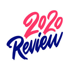 Review 2020. Hand drawn badge with lettering, vector illustration on white background.