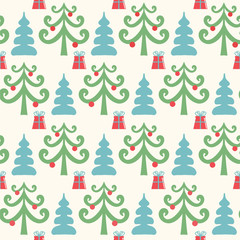 Seamless vector pattern with christmas trees and gifts in retro style.