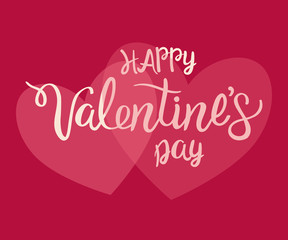 Modern calligraphy for Valentine's Day. Happy Valentine's Day lettering. Vector illustration with typography inscription and hearts on a red background.