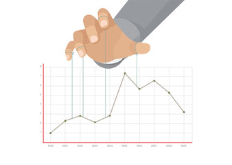 Cartoon, Business concept of a puppet master controlling graphic business chart.