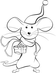 Rat in Santa Claus hat with gift in hand new year symbol 2020 vector illustration. For greeting cards, calendars, prints. Hand draw mouse for Cristmas New Year design. Isolated on a white background