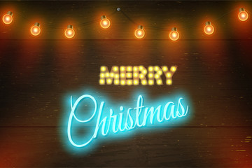 Christmas Vector Composition on Dark Wooden Background with Wishes and Garland. For Greeting Card, Poster and Banner.