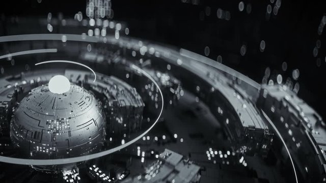 Black and white rotating mech construction. Futuristic technologies design. Seamless loop 3D render animation with DOF