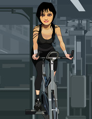 cartoon woman is training simulator bike in the gym