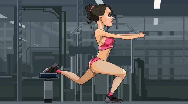 Cartoon woman doing squat exercise on one leg while in the gym