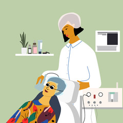 Cosmetology, dermatology concept. Dermatologist making photo rejuvenation procedure to woman in beauty clinic. Anti wrinkle and laser treatment, epilation. Flat cartoon vector illustration