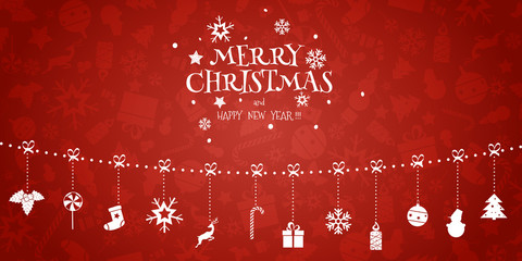 Christmas Vector Composition. Garland of Holiday Icons on Red Background. For Greeting Card, Poster and Banner.