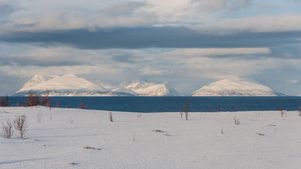 Snowy mountains by the sea in northern Norway in winter with a field of snow in the foreground