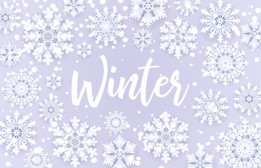 Winter sale offer.Snowfall frame with sale text and 3d paper cut snow flakes on blue background for retail seasonal promotion. Christmas seasonal banner design.New Year vector illustration.