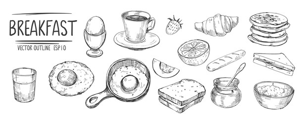 Fototapeta Breakfast set. Eggs, coffee, toasts, pancakes. Hand drawn sketch converted to vector obraz