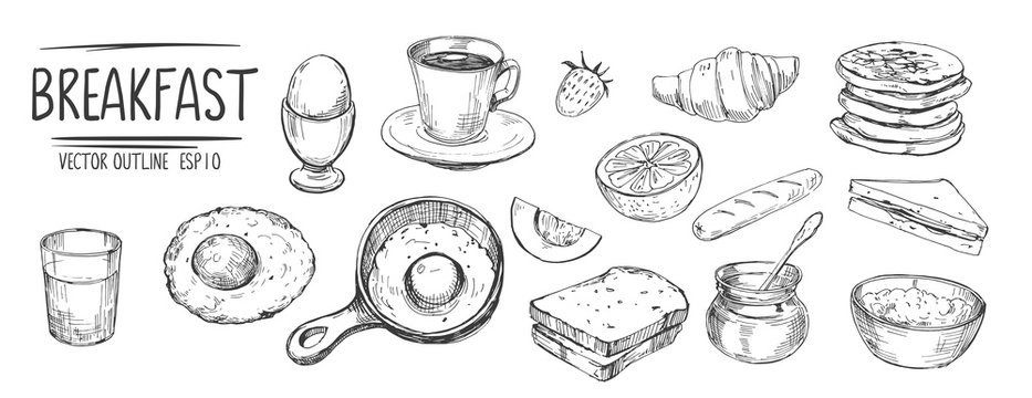 Breakfast set. Eggs, coffee, toasts, pancakes. Hand drawn sketch converted to vector