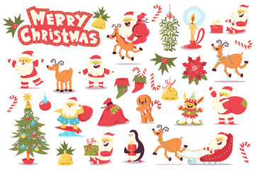 Cute Santa Claus, Christmas tree, reindeer, elf and holiday elements. Vector cartoon character set isolated on white background.