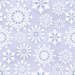 White paper snowflakes on grey seamless background.Merry Christmas Greetings card decoration .Origami Snowfall. 3D paper cut aut style vector illustration.