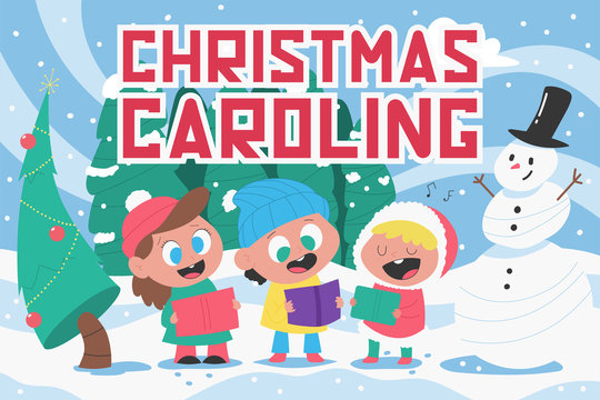 Christmas Carols. Cute kid choir with books. Vector cartoon illustration isolated on a winter landscape.