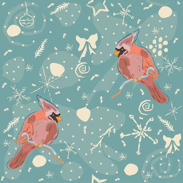 Seamless pattern with red cardinal birds