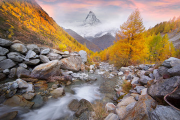 Matterhorn over a mountain stream in autumn