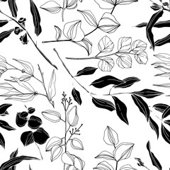 Vector Eucalyptus tree leaves jungle botanical. Black and white engraved ink art. Seamless background pattern.