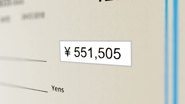 Counter Increasing in Check(Cheque) for Payment (Japanese Yen). Seamless Loop
