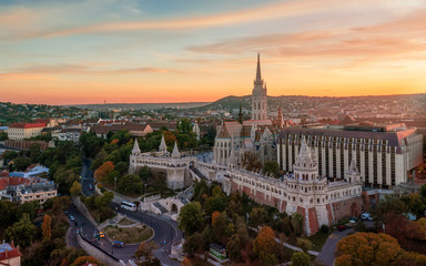 Fisherman's bastion is the famous historical building in Buda castle, Budapet Hungary. I took this picture in autumn.  Fantastic colors and mood with sunset.