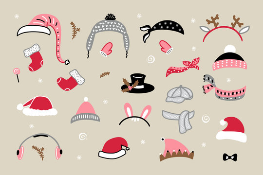 Christmas Photo Booth Props Vector Set. Xmas Party Prop for Photobooth. Collection of Hats and Accessories for Festival, Party, Winter Holidays, Christmas and New Year Design