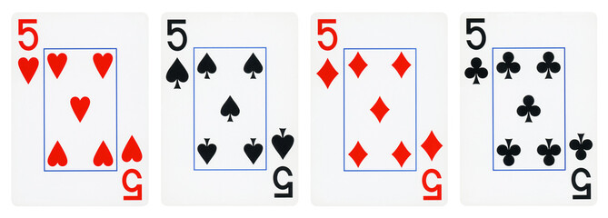 Four Playing Cards Isolated on White Background, Showing Fives from Each Suit - Hearts, Clubs,...