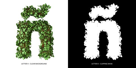 Letter ñ lowercase with tree shape with leaves. 3D Illustration.