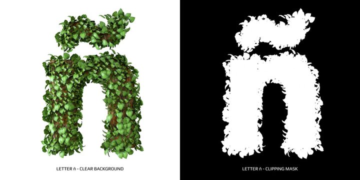 Letter ñ lowercase with tree shape with leaves. 3D Illustration.
