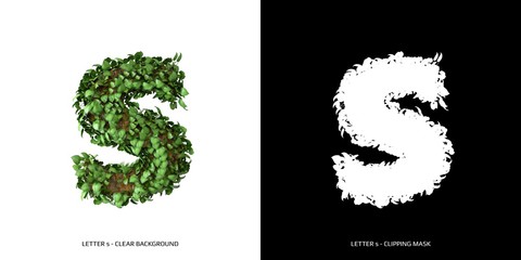 Letter s lowercase with tree shape with leaves. 3D Illustration.