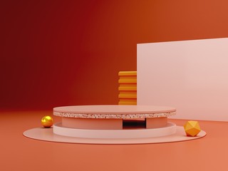Minimal scene with podium and abstract background. Geometric shapes. Pastel colors scene. Autumn scene with geometrical forms and textured background for cosmetic product. Minimal 3d render. 
