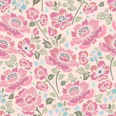 Fototapeta na wymiar Modern seamless vector botanical with flower for textile. Can be used for printing on paper, stickers, badges, bijouterie, cards, textiles