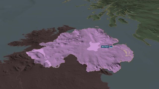 Northern Ireland - region of United Kingdom with its capital zoomed on the administrative map of the globe. Animation 3D
