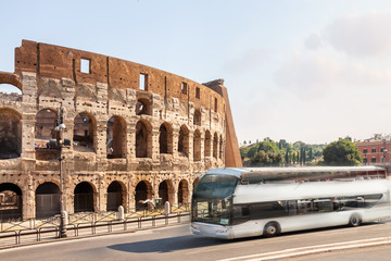 Plakat Touristy travel white bus Rome Colosseum sunny morning