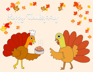 Thanksgiving greeting card.Two turkeys are celebrating on Thanksgiving.Many maple leaves fall during the festival.Thanksgiving festival celebrated in Canada, America and other countries.