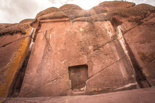 Panoramic view of the exterior of Amaru Muru or Gate of the Gods in Puno, Peru